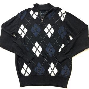 BUCKLE BKE 1/4 Zip Argyle SWEATER Mens L Black White Collared Long Sleeve Cotton